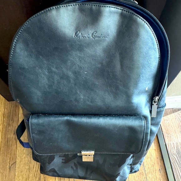 ROBERT GRAHAM BLACK WITH BLUE LINING FAUX LEATHER BACKPACK - Picture 1 of 8